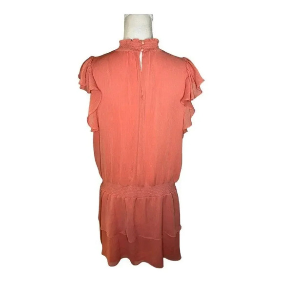 Express Size Large High Neck Coral Smocked Waist Ruffled Mini Dress - Picture 3 of 6